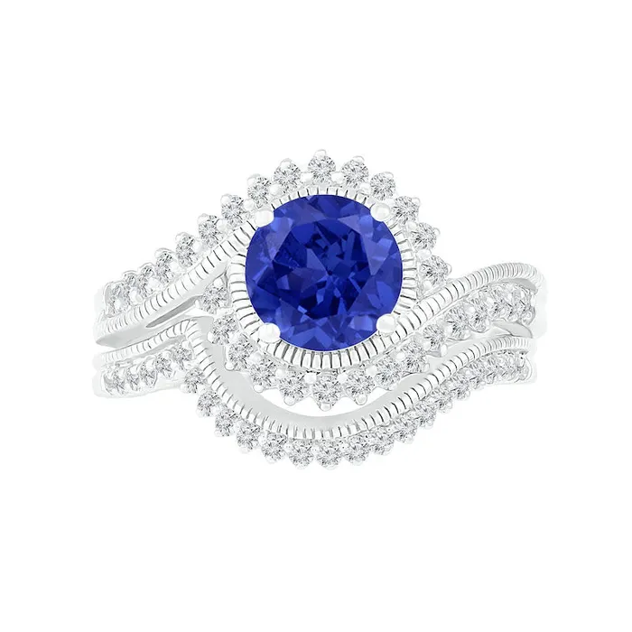 Goldia Rings 70mm LabCreated Blue and White Sapphire Sunburst Bypass Frame Antique VintageStyle Bridal Engagement Ring Set in Sterling Silver Goldia Rings 70mm LabCreated Blue and White Sapphire Sunburst Bypass Frame Antique VintageStyle Bridal Engagement Ring Set in Sterling Silver