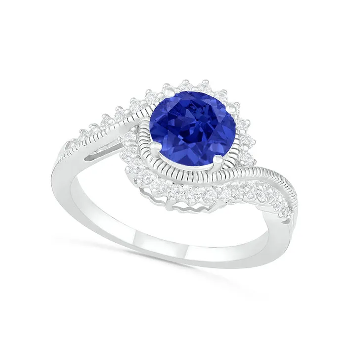 Goldia Rings 70mm LabCreated Blue and White Sapphire Sunburst Bypass Frame Antique VintageStyle Bridal Engagement Ring Set in Sterling Silver Goldia Rings 70mm LabCreated Blue and White Sapphire Sunburst Bypass Frame Antique VintageStyle Bridal Engagement Ring Set in Sterling Silver
