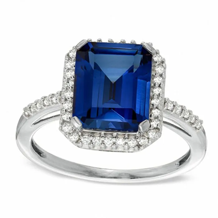 Goldia Rings EmeraldCut LabCreated Blue Sapphire and 020 CT TW Diamond Ring in Solid 10K White Gold Goldia Rings EmeraldCut LabCreated Blue Sapphire and 020 CT TW Diamond Ring in Solid 10K White Gold