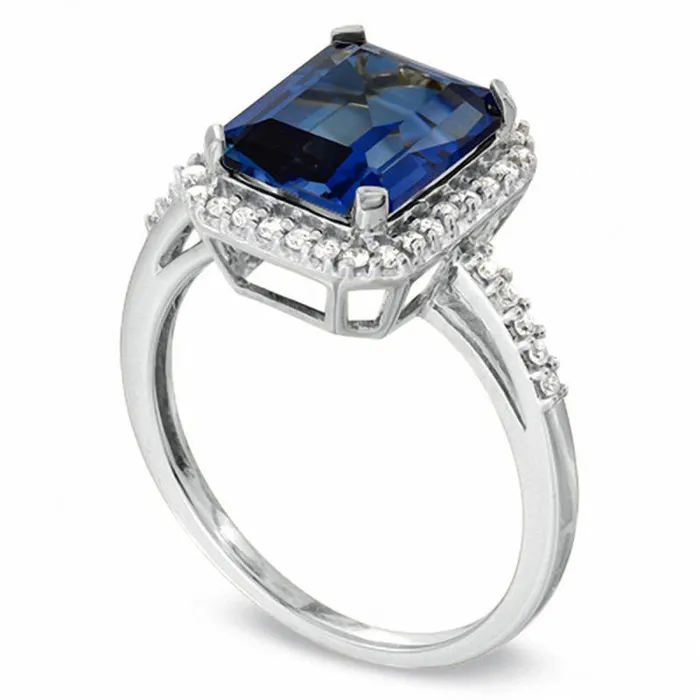 Goldia Rings EmeraldCut LabCreated Blue Sapphire and 020 CT TW Diamond Ring in Solid 10K White Gold Goldia Rings EmeraldCut LabCreated Blue Sapphire and 020 CT TW Diamond Ring in Solid 10K White Gold