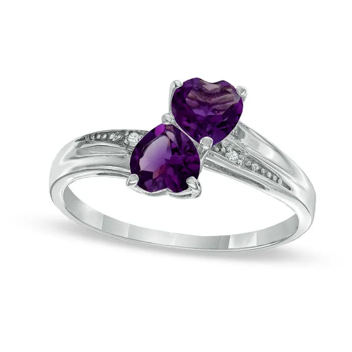 Goldia Rings HeartShaped Amethyst and Natural Diamond Accent Double Heart Ring in Sterling Silver Goldia Rings HeartShaped Amethyst and Natural Diamond Accent Double Heart Ring in Sterling Silver
