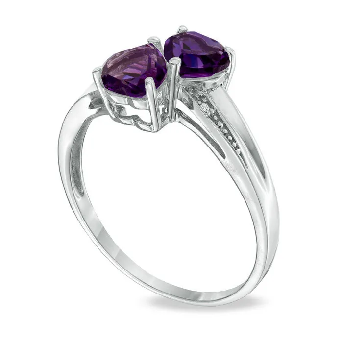 Goldia Rings HeartShaped Amethyst and Natural Diamond Accent Double Heart Ring in Sterling Silver Goldia Rings HeartShaped Amethyst and Natural Diamond Accent Double Heart Ring in Sterling Silver