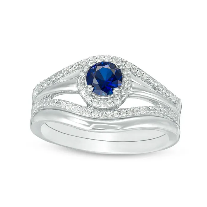 Goldia Rings LabCreated Blue Sapphire and 010 CT TW Diamond Split Shank Bridal Engagement Ring Set in Sterling Silver Goldia Rings LabCreated Blue Sapphire and 010 CT TW Diamond Split Shank Bridal Engagement Ring Set in Sterling Silver