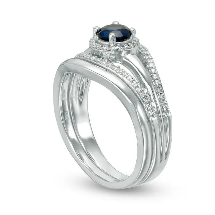 Goldia Rings LabCreated Blue Sapphire and 010 CT TW Diamond Split Shank Bridal Engagement Ring Set in Sterling Silver Goldia Rings LabCreated Blue Sapphire and 010 CT TW Diamond Split Shank Bridal Engagement Ring Set in Sterling Silver