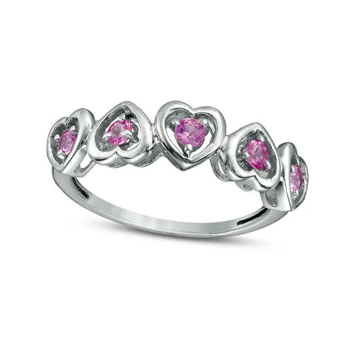 Goldia Rings LabCreated Pink Sapphire Five Stone Heart Ring in Sterling Silver Goldia Rings LabCreated Pink Sapphire Five Stone Heart Ring in Sterling Silver