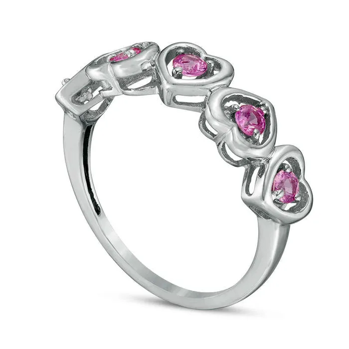 Goldia Rings LabCreated Pink Sapphire Five Stone Heart Ring in Sterling Silver Goldia Rings LabCreated Pink Sapphire Five Stone Heart Ring in Sterling Silver