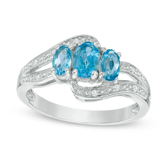 Goldia Rings Oval Blue and White Topaz Three Stone Bypass Ring in Sterling Silver Goldia Rings Oval Blue and White Topaz Three Stone Bypass Ring in Sterling Silver