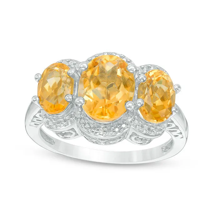 Goldia Rings Oval Citrine and Natural Diamond Accent Three Stone Frame Ring in Sterling Silver Goldia Rings Oval Citrine and Natural Diamond Accent Three Stone Frame Ring in Sterling Silver