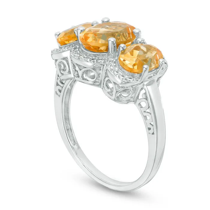 Goldia Rings Oval Citrine and Natural Diamond Accent Three Stone Frame Ring in Sterling Silver Goldia Rings Oval Citrine and Natural Diamond Accent Three Stone Frame Ring in Sterling Silver