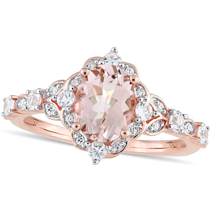 Goldia Rings Oval Morganite White Sapphire and 005 CT TW Natural Diamond Frame Ring in Solid 10K Rose Gold Goldia Rings Oval Morganite White Sapphire and 005 CT TW Natural Diamond Frame Ring in Solid 10K Rose Gold