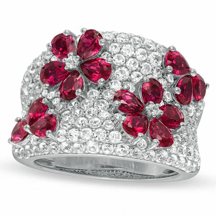 Goldia Rings PearShaped LabCreated Ruby and White Sapphire Flower Band in Sterling Silver Goldia Rings PearShaped LabCreated Ruby and White Sapphire Flower Band in Sterling Silver