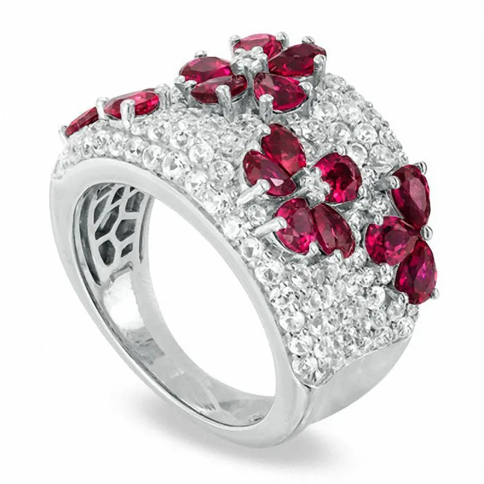 Goldia Rings PearShaped LabCreated Ruby and White Sapphire Flower Band in Sterling Silver Goldia Rings PearShaped LabCreated Ruby and White Sapphire Flower Band in Sterling Silver