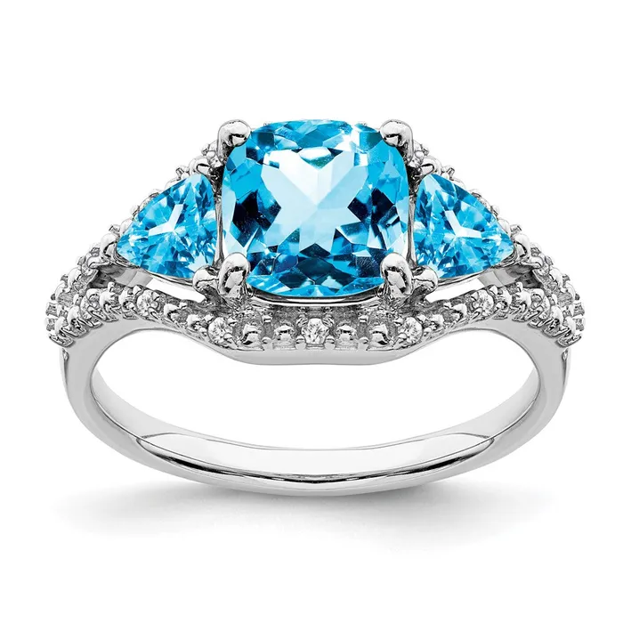 Goldia Rings Solid 14k White Gold Simulated Blue Topaz and CZ Ring