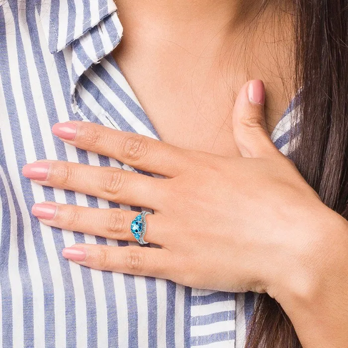 Goldia Rings Solid 14k White Gold Simulated Blue Topaz and CZ Ring