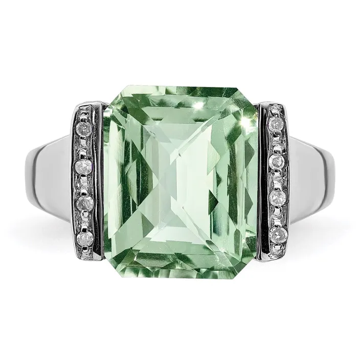 Goldia Rings Sterling Silver Rhodium CheckerCut Green Quartz u0026 Diamond Ring