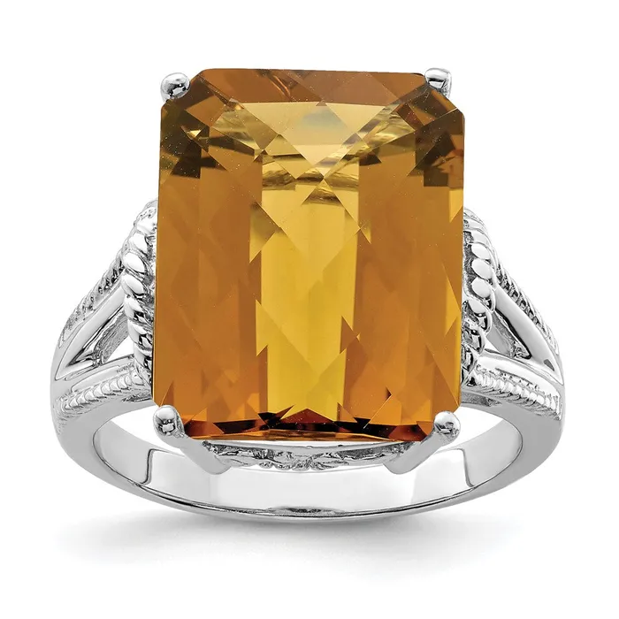 Goldia Rings Sterling Silver Rhodium CheckerCut Whiskey Quartz Ring