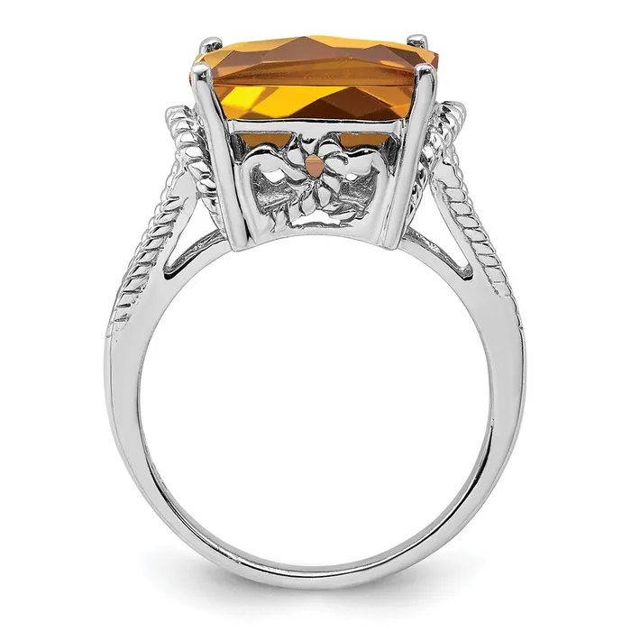 Goldia Rings Sterling Silver Rhodium CheckerCut Whiskey Quartz Ring