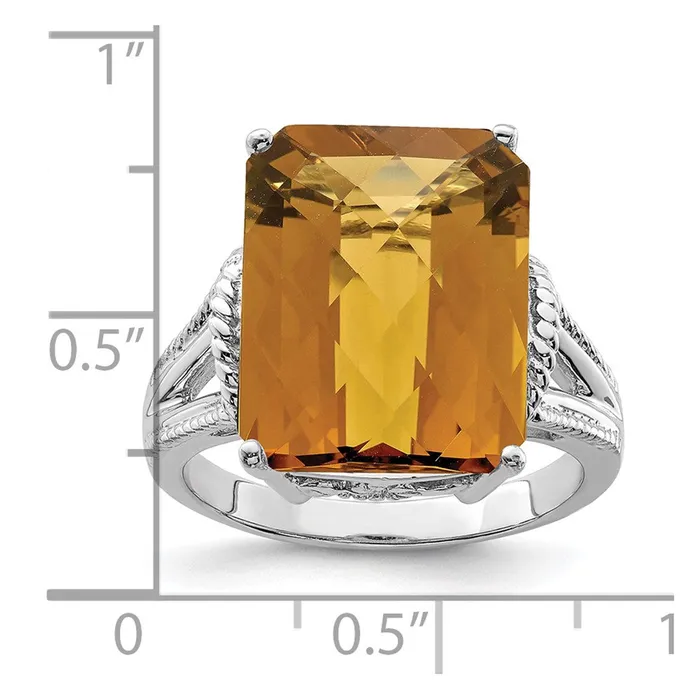 Goldia Rings Sterling Silver Rhodium CheckerCut Whiskey Quartz Ring