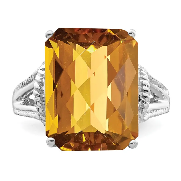 Goldia Rings Sterling Silver Rhodium CheckerCut Whiskey Quartz Ring