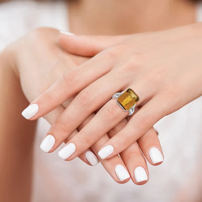 Goldia Rings Sterling Silver Rhodium CheckerCut Whiskey Quartz Ring