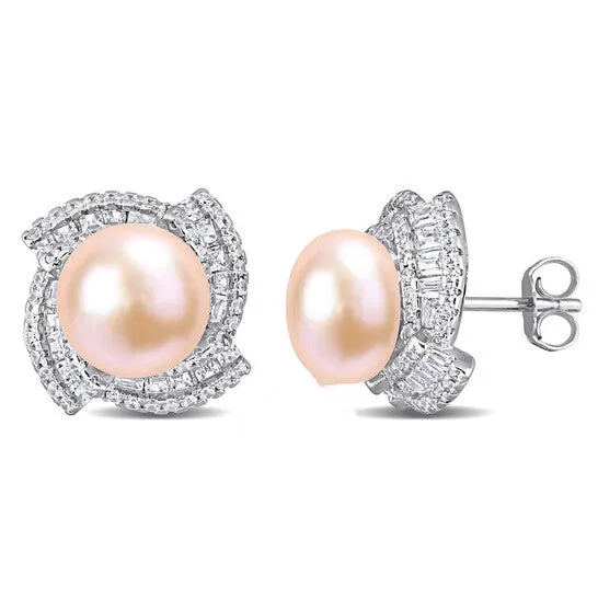 JMS always Earrings Original AMOUR 995mm Pink Freshwater Cultured Pearl and 2 18 CT TGW Cubic Zirconia Swirl Earrings In Sterling Silver JMS always Earrings Original AMOUR 995mm Pink Freshwater Cultured Pearl and 2 18 CT TGW Cubic Zirconia Swirl Earrings In Sterling Silver
