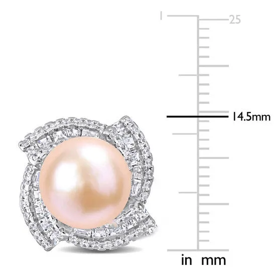 JMS always Earrings Original AMOUR 995mm Pink Freshwater Cultured Pearl and 2 18 CT TGW Cubic Zirconia Swirl Earrings In Sterling Silver JMS always Earrings Original AMOUR 995mm Pink Freshwater Cultured Pearl and 2 18 CT TGW Cubic Zirconia Swirl Earrings In Sterling Silver