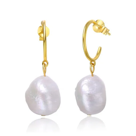 JMS always Original Megan Walford Sterling Silver 14k Yellow Gold Plated with Baroque Oval White Pearl Dangle Drop CHoop Earrings Earrings