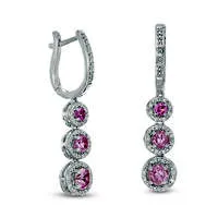 LabCreated Pink Sapphire and 017 CT TW Diamond Frame Three Stone Drop Earrings in Sterling Silver Goldia Earrings LabCreated Pink Sapphire and 017 CT TW Diamond Frame Three Stone Drop Earrings in Sterling Silver Goldia Earrings