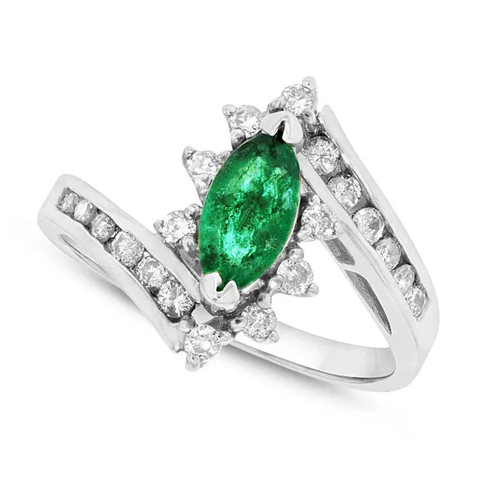 Marquise Emerald and 033 CT TW Natural Diamond Starburst Frame Bypass Ring in Solid 14K White Gold Goldia Rings Marquise Emerald and 033 CT TW Natural Diamond Starburst Frame Bypass Ring in Solid 14K White Gold Goldia Rings