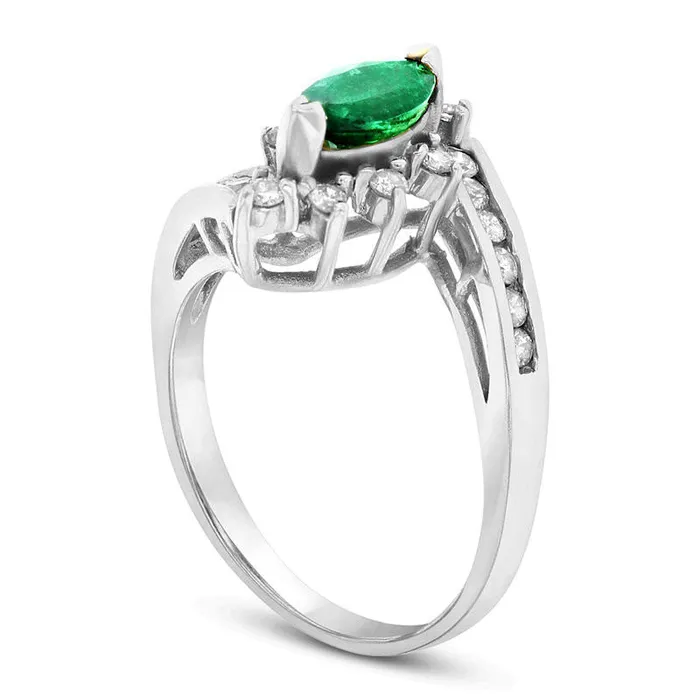 Marquise Emerald and 033 CT TW Natural Diamond Starburst Frame Bypass Ring in Solid 14K White Gold Goldia Rings Marquise Emerald and 033 CT TW Natural Diamond Starburst Frame Bypass Ring in Solid 14K White Gold Goldia Rings
