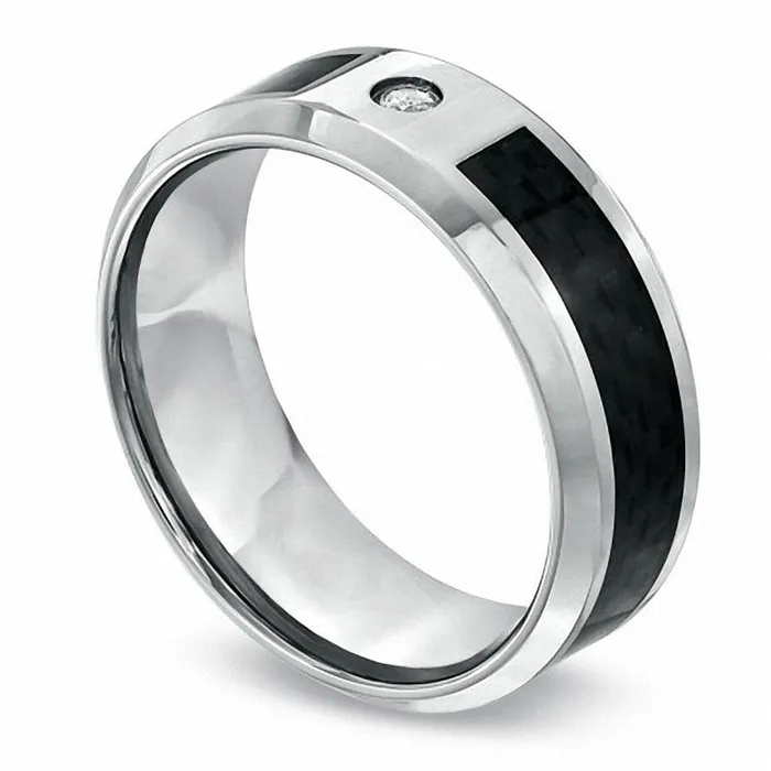Mens 80mm Natural Diamond Accent Solitaire Comfort Fit Wedding Band in Stainless Steel and Black Carbon Fiber Goldia Rings