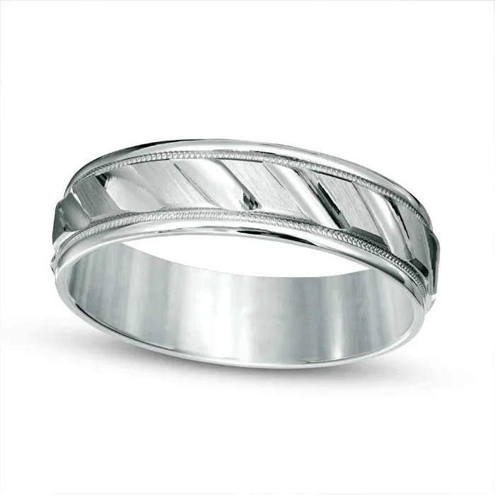 Mens 60mm Brushed Milgrain Slant Comfort Fit Wedding Band in Solid 14K White Gold Goldia Rings Mens 60mm Brushed Milgrain Slant Comfort Fit Wedding Band in Solid 14K White Gold Goldia Rings