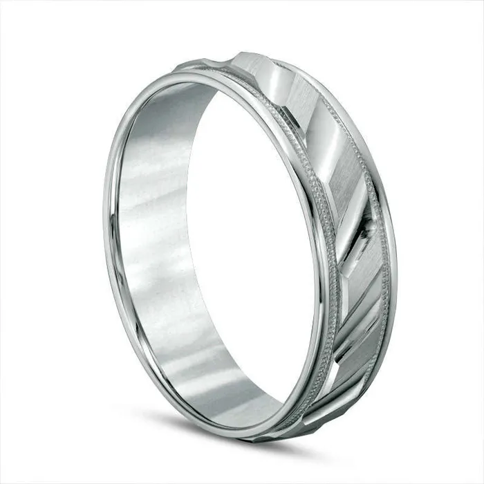 Mens 60mm Brushed Milgrain Slant Comfort Fit Wedding Band in Solid 14K White Gold Goldia Rings Mens 60mm Brushed Milgrain Slant Comfort Fit Wedding Band in Solid 14K White Gold Goldia Rings