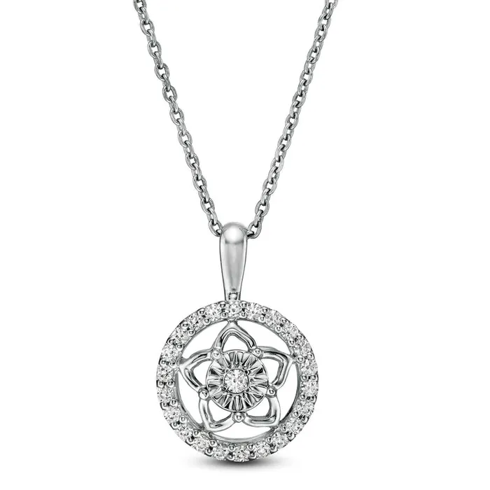 Necklaces Goldia 017 CT TW Natural Diamond Circle Frame with Flower Pendant in 14K White Gold Necklaces Goldia 017 CT TW Natural Diamond Circle Frame with Flower Pendant in 14K White Gold