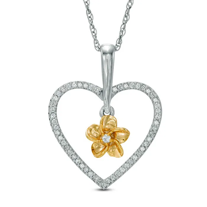 Necklaces Goldia 02 CT TW Natural Diamond Heart Frame Flower Pendant in Sterling Silver and 10K Yellow Gold Necklaces Goldia 02 CT TW Natural Diamond Heart Frame Flower Pendant in Sterling Silver and 10K Yellow Gold