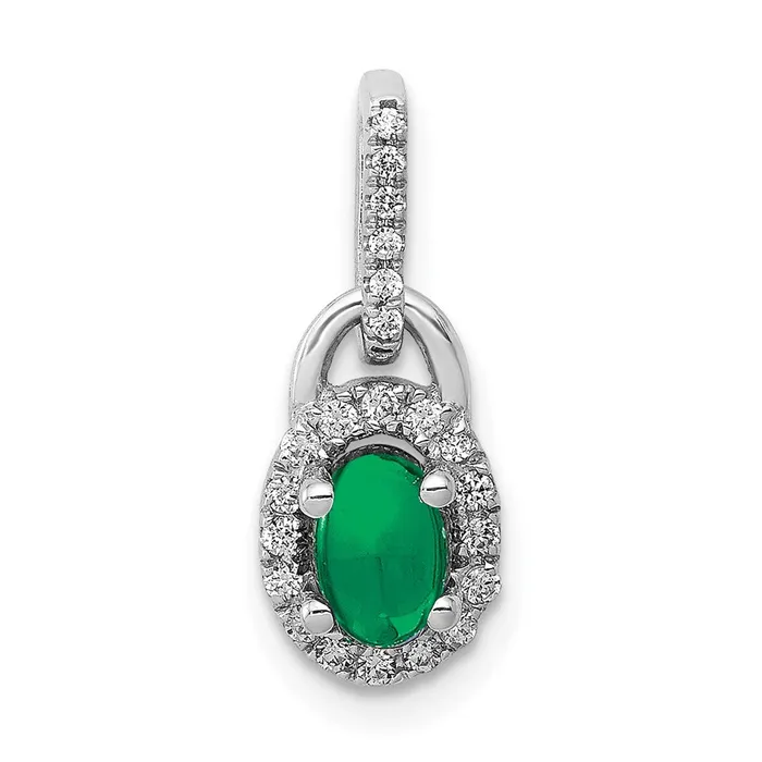 Necklaces Goldia 14k White Gold Halo Real Diamond and Cabochon Emerald Pendant