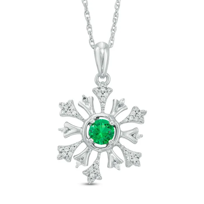 Necklaces Goldia 45mm LabCreated Emerald and 01 CT TW Diamond Snowflake Pendant in Sterling Silver Necklaces Goldia 45mm LabCreated Emerald and 01 CT TW Diamond Snowflake Pendant in Sterling Silver