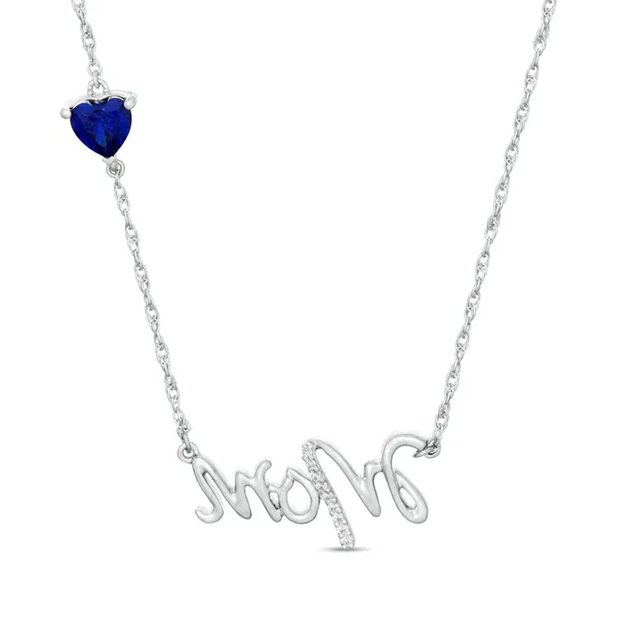 Necklaces Goldia 50mm HeartShaped LabCreated Blue Sapphire and Diamond Accent Mom Script Necklace in Sterling Silver Necklaces Goldia 50mm HeartShaped LabCreated Blue Sapphire and Diamond Accent Mom Script Necklace in Sterling Silver
