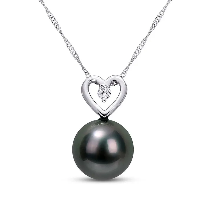 Necklaces Goldia 95100mm Black Cultured Tahitian Pearl and 005 CT TW Natural Diamond Heart Pendant in 10K White Gold