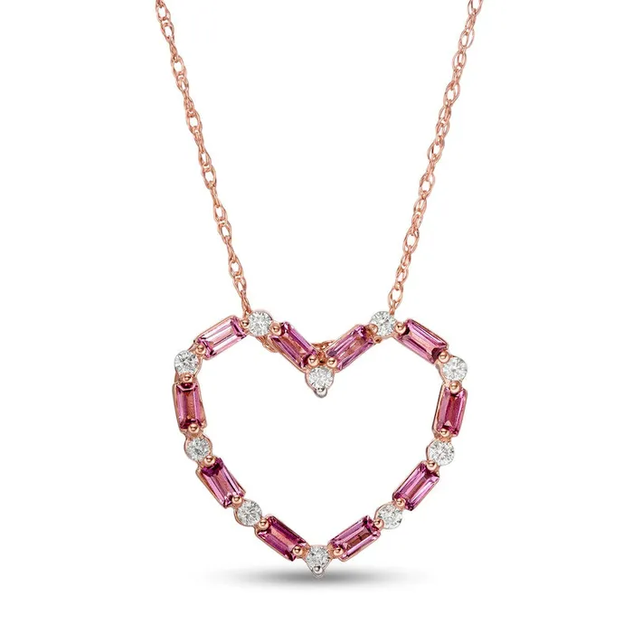Necklaces Goldia BaguetteCut Rhodolite and 01 CT TW Natural Diamond Heart Outline Pendant in 10K Rose Gold Necklaces Goldia BaguetteCut Rhodolite and 01 CT TW Natural Diamond Heart Outline Pendant in 10K Rose Gold