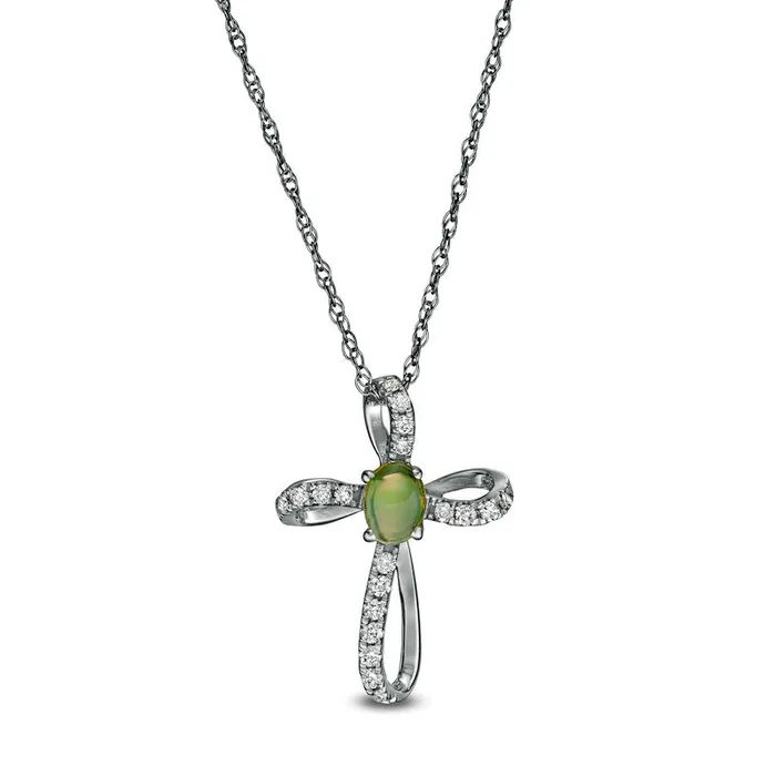 Oval Opal and 01 CT TW Natural Diamond Pinwheel Cross Pendant in 10K White Gold Goldia Necklaces Oval Opal and 01 CT TW Natural Diamond Pinwheel Cross Pendant in 10K White Gold Goldia Necklaces