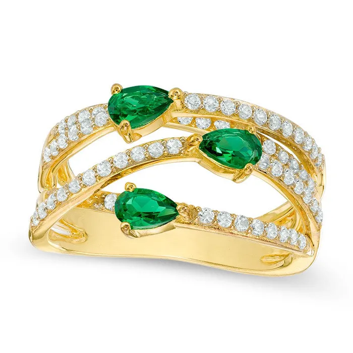 PearShaped LabCreated Emerald and White Sapphire Three Stone Orbit Ring in Sterling Silver and Solid 14K Gold Plate Goldia Rings PearShaped LabCreated Emerald and White Sapphire Three Stone Orbit Ring in Sterling Silver and Solid 14K Gold Plate Goldia Rings