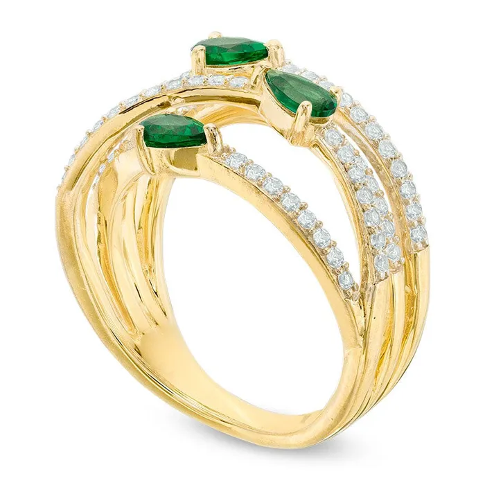 PearShaped LabCreated Emerald and White Sapphire Three Stone Orbit Ring in Sterling Silver and Solid 14K Gold Plate Goldia Rings PearShaped LabCreated Emerald and White Sapphire Three Stone Orbit Ring in Sterling Silver and Solid 14K Gold Plate Goldia Rings