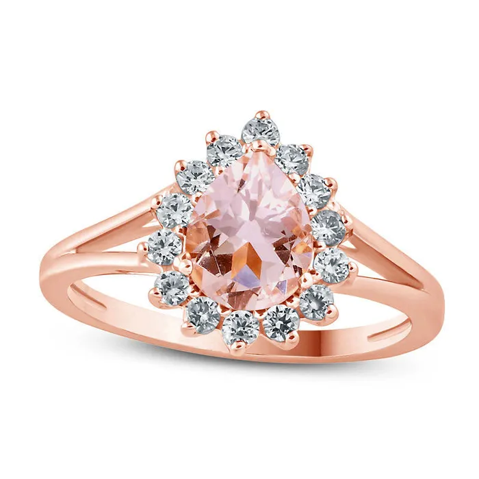 PearShaped Morganite and 038 CT TW Natural Diamond Starburst Frame Ring in Solid 10K Rose Gold Goldia Rings