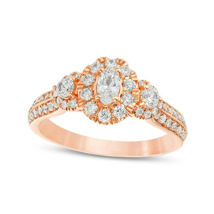 Rings 10 CT TW Oval Natural Diamond Frame Three Stone Double Row Engagement Ring in Solid 14K Rose Gold Goldia Rings 10 CT TW Oval Natural Diamond Frame Three Stone Double Row Engagement Ring in Solid 14K Rose Gold Goldia