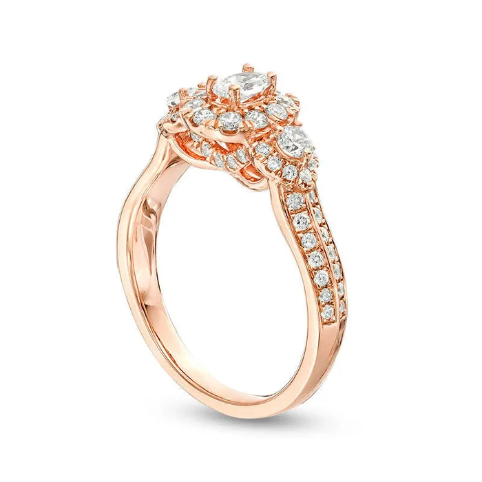 Rings 10 CT TW Oval Natural Diamond Frame Three Stone Double Row Engagement Ring in Solid 14K Rose Gold Goldia Rings 10 CT TW Oval Natural Diamond Frame Three Stone Double Row Engagement Ring in Solid 14K Rose Gold Goldia