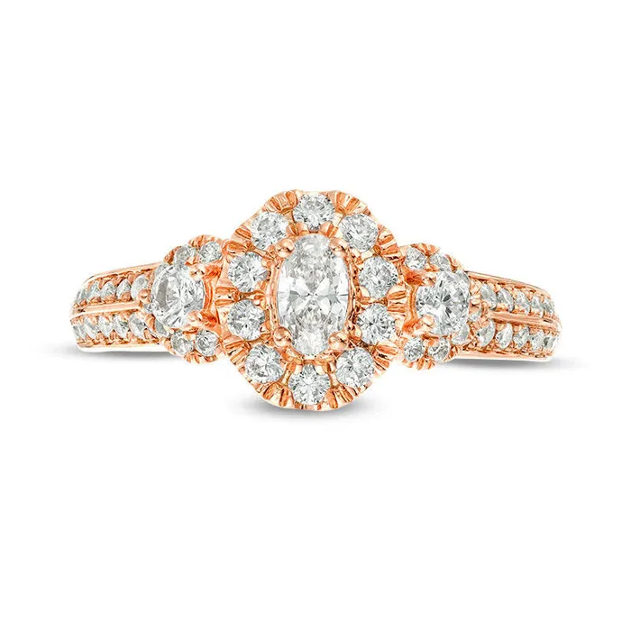 Rings 10 CT TW Oval Natural Diamond Frame Three Stone Double Row Engagement Ring in Solid 14K Rose Gold Goldia Rings 10 CT TW Oval Natural Diamond Frame Three Stone Double Row Engagement Ring in Solid 14K Rose Gold Goldia