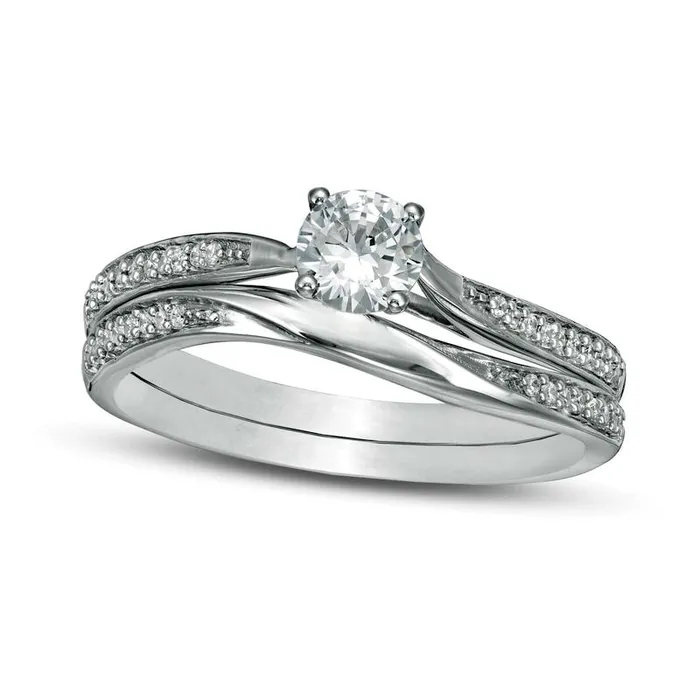 Rings 45mm LabCreated White Sapphire and 013 CT TW Diamond Waves Bridal Engagement Ring Set in Solid 10K White Gold Goldia Rings 45mm LabCreated White Sapphire and 013 CT TW Diamond Waves Bridal Engagement Ring Set in Solid 10K White Gold Goldia