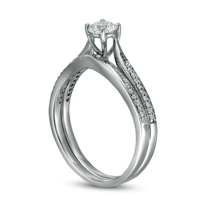 Rings 45mm LabCreated White Sapphire and 013 CT TW Diamond Waves Bridal Engagement Ring Set in Solid 10K White Gold Goldia Rings 45mm LabCreated White Sapphire and 013 CT TW Diamond Waves Bridal Engagement Ring Set in Solid 10K White Gold Goldia