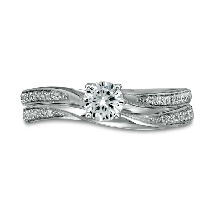 Rings 45mm LabCreated White Sapphire and 013 CT TW Diamond Waves Bridal Engagement Ring Set in Solid 10K White Gold Goldia Rings 45mm LabCreated White Sapphire and 013 CT TW Diamond Waves Bridal Engagement Ring Set in Solid 10K White Gold Goldia